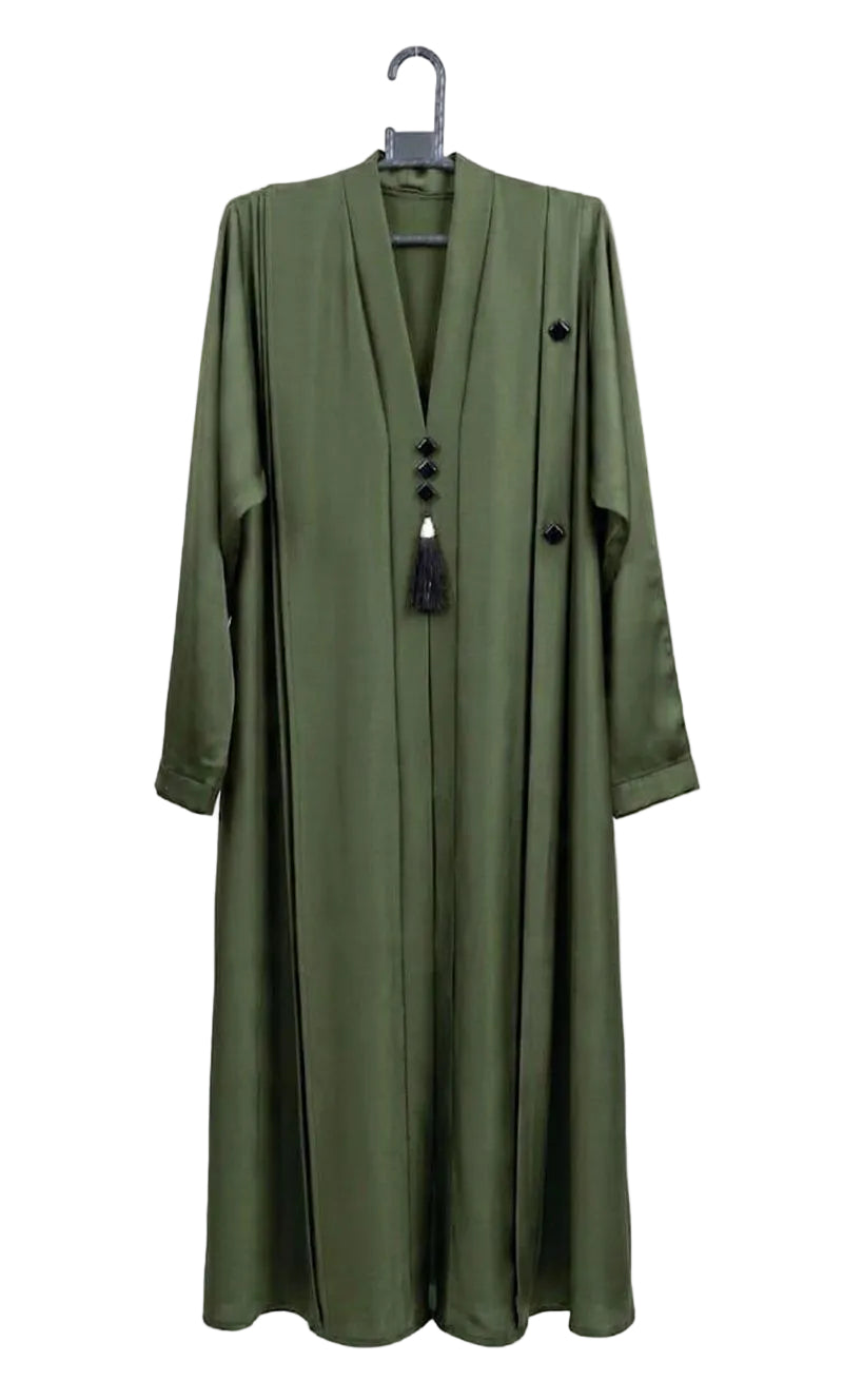 Elegant Front Open Abaya with Black Tassel & Button