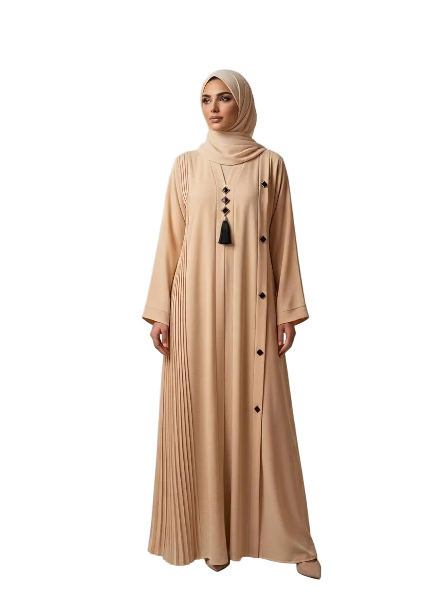 Elegant Front Open Abaya with Black Tassel & Button