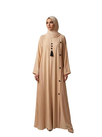 Elegant Front Open Abaya with Black Tassel & Button