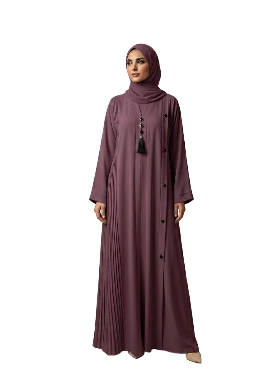 Elegant Front Open Abaya with Black Tassel & Button