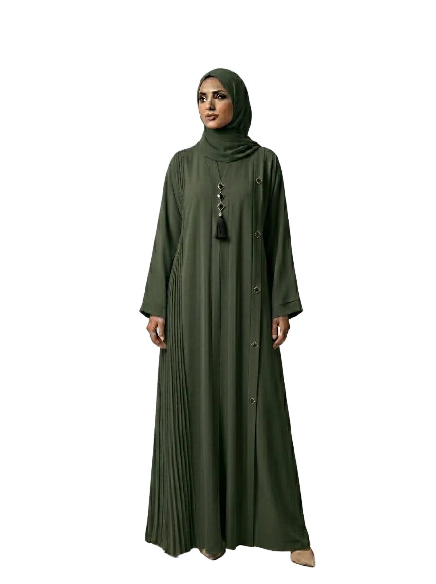Elegant Front Open Abaya with Black Tassel & Button